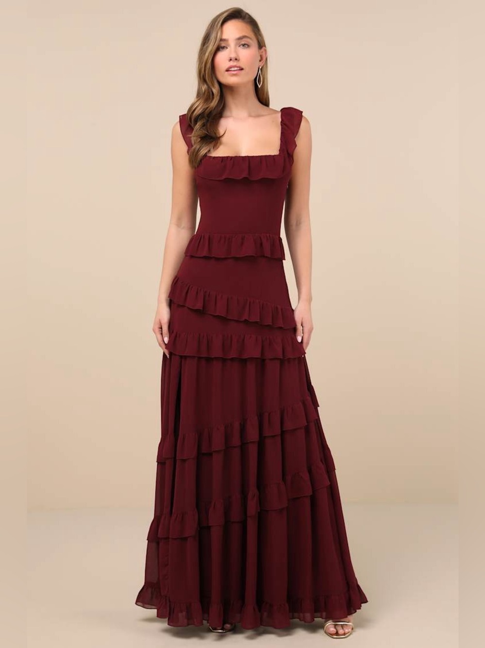 Lulus Compelling Romantic Burgundy Ruffled Tiered Maxi Dress Size XL NWT Formal
